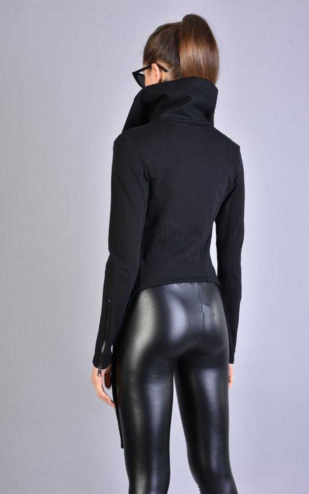 A34M LW62223 Black Cloth & stretch fleece asymmetric skinny jacket.