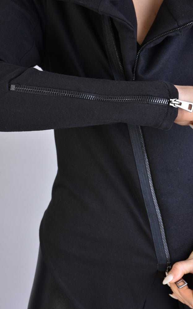 A34M LW62223 Black Cloth & stretch fleece asymmetric skinny jacket.