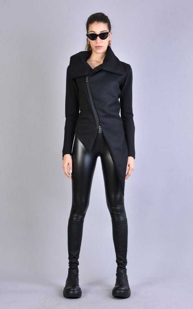 A34M LW62223 Black Cloth & stretch fleece asymmetric skinny jacket.