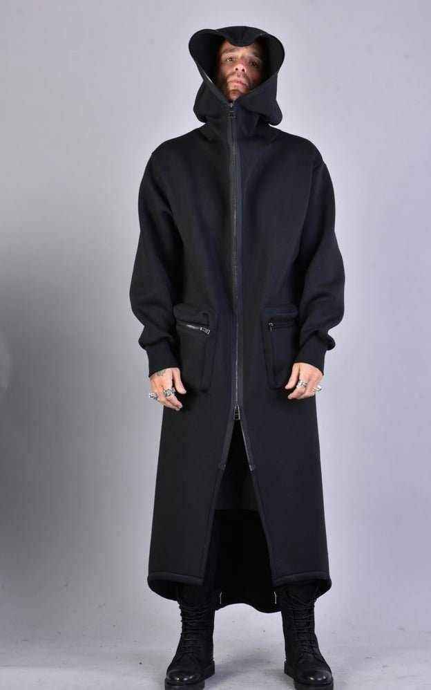 A34M LW62323 Coat - Black Long Scuba Viscose Blend Zip Closure Contemporary Unisex