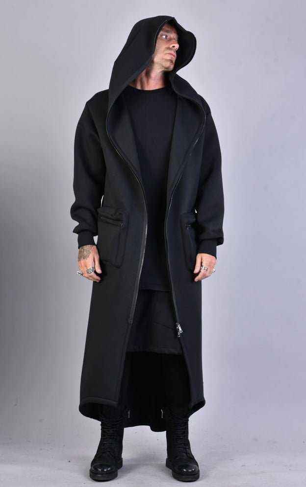 A34M LW62323 Coat - Black Long Scuba Viscose Blend Zip Closure Contemporary Unisex