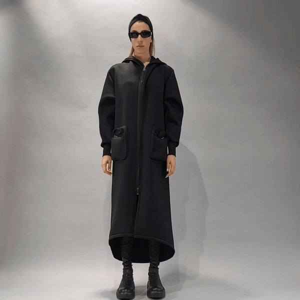 A34M LW62323 Coat - Black Long Scuba Viscose Blend Zip Closure Contemporary Unisex