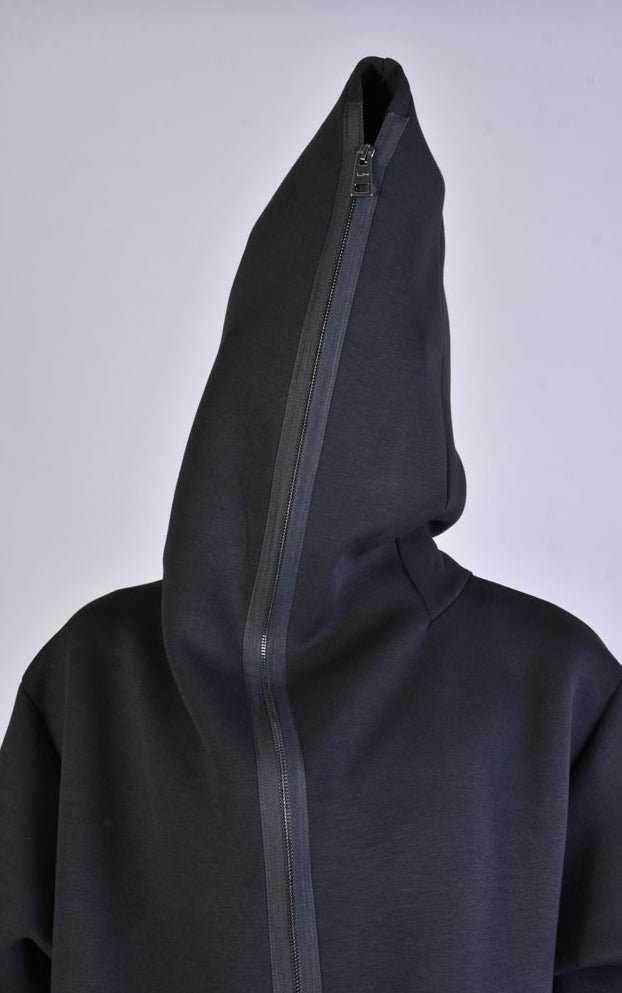 A34M LW62323 Coat - Black Long Scuba Viscose Blend Zip Closure Contemporary Unisex
