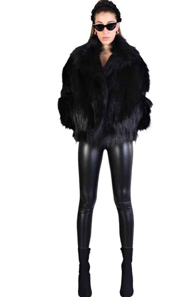 A34Q LW526 BLACK Lined Faux Fur Lurex Coat Woman