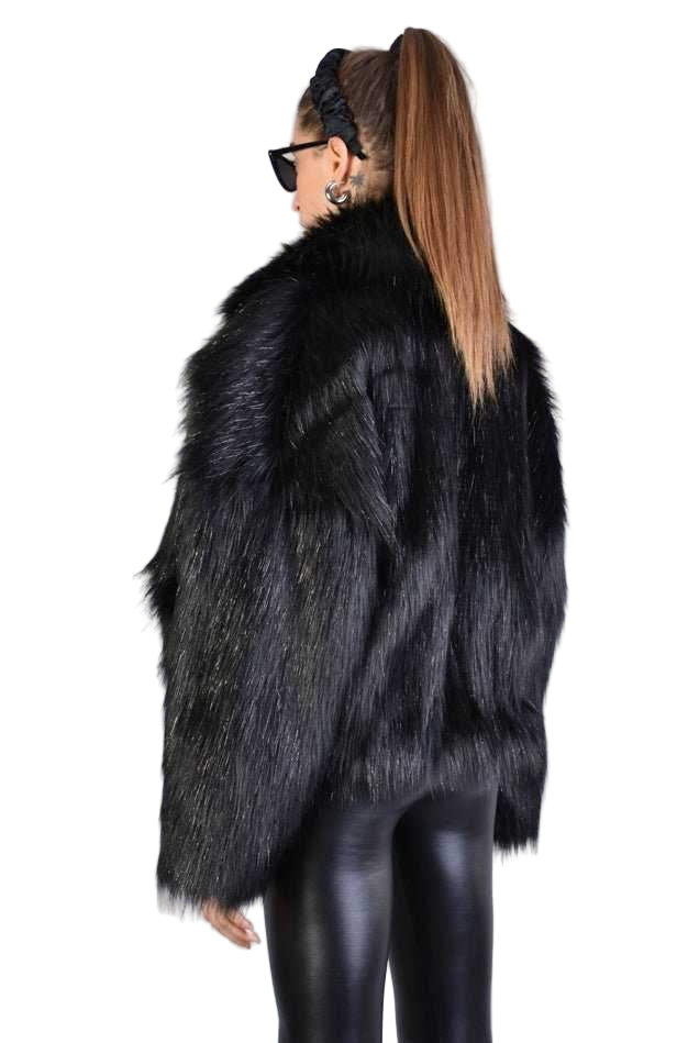 A34Q LW526 BLACK Lined Faux Fur Lurex Coat Woman