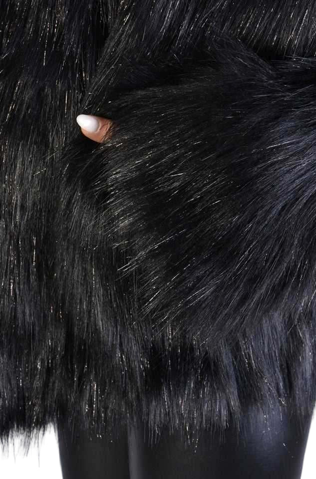 A34Q LW526 BLACK Lined Faux Fur Lurex Coat Woman