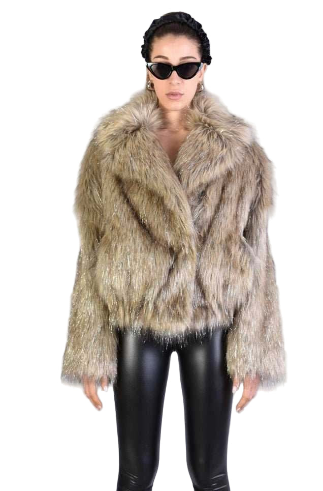 A34Q LW526 SAND Lined Faux Fur Lurex Coat Woman
