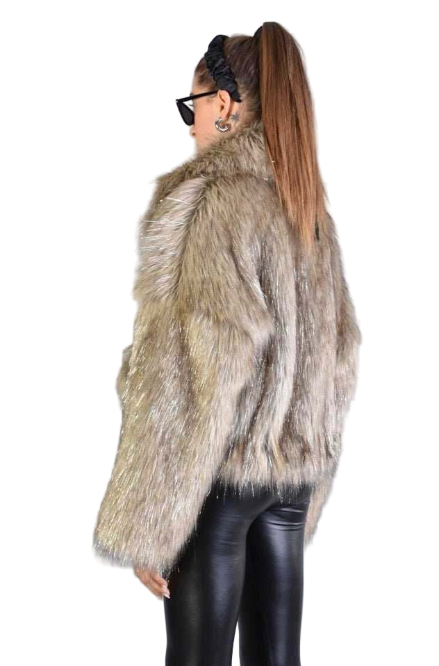 A34Q LW526 SAND Lined Faux Fur Lurex Coat Woman