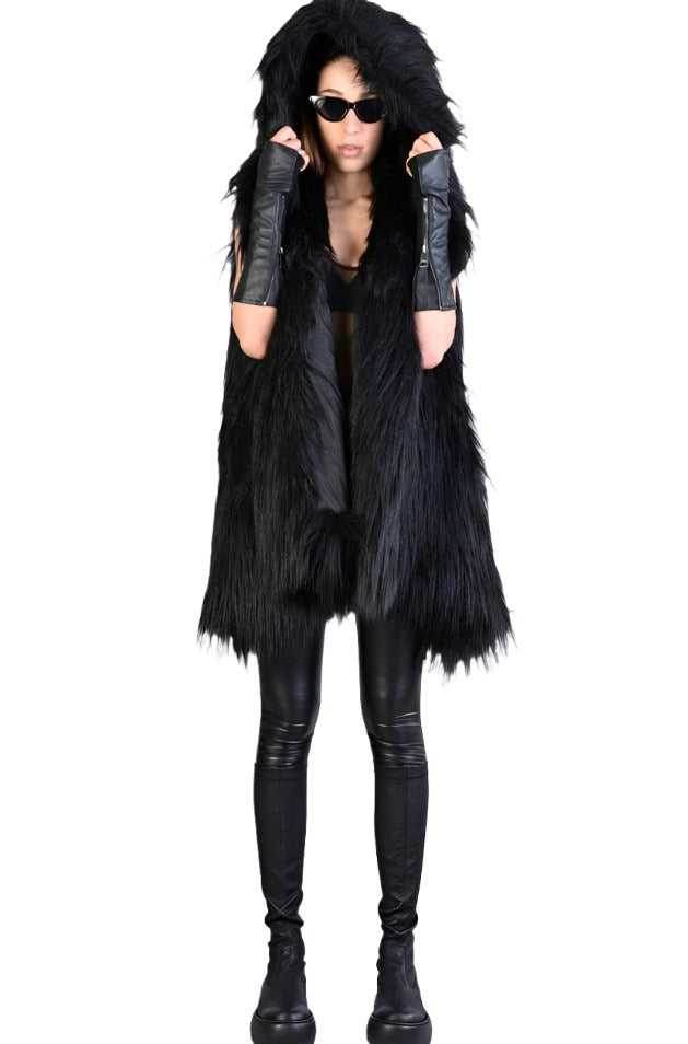A34Q LW527 BLACK Lined Faux Fur Sleeveless Coat