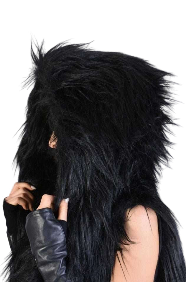 A34Q LW527 BLACK Lined Faux Fur Sleeveless Coat