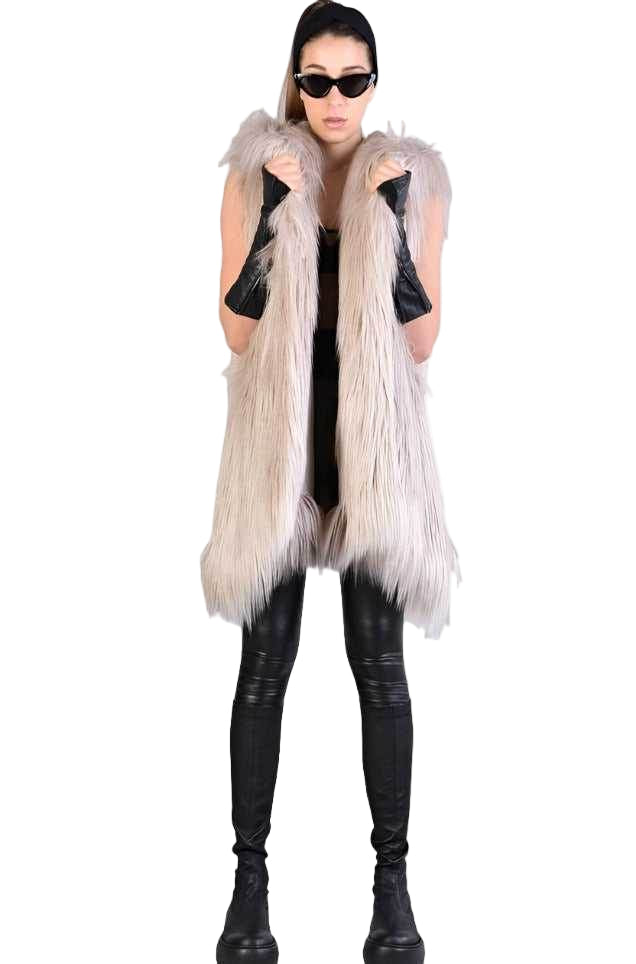 A34Q LW52723 SAND Lined Faux Fur Sleeveless Coat