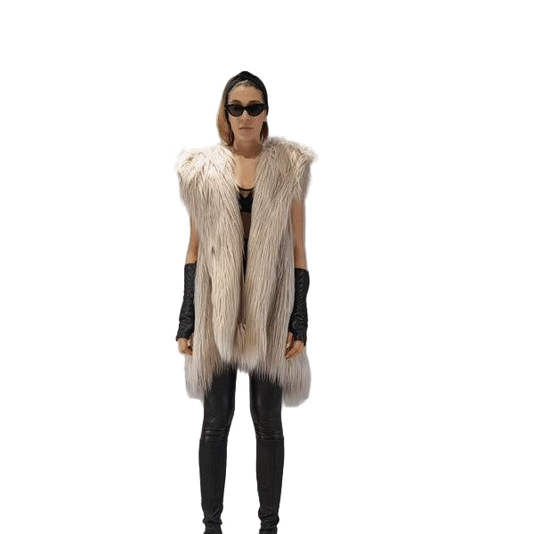 A34Q LW52723 SAND Lined Faux Fur Sleeveless Coat