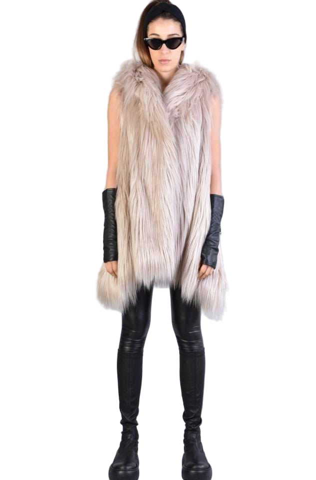 A34Q LW52723 SAND Lined Faux Fur Sleeveless Coat