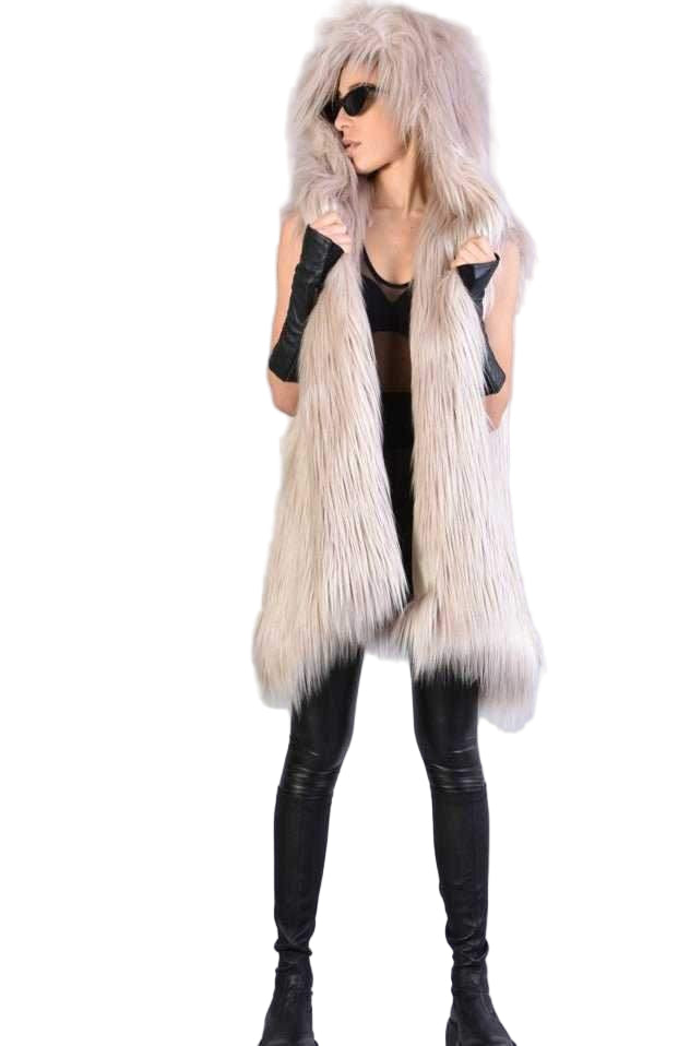 A34Q LW52723 SAND Lined Faux Fur Sleeveless Coat