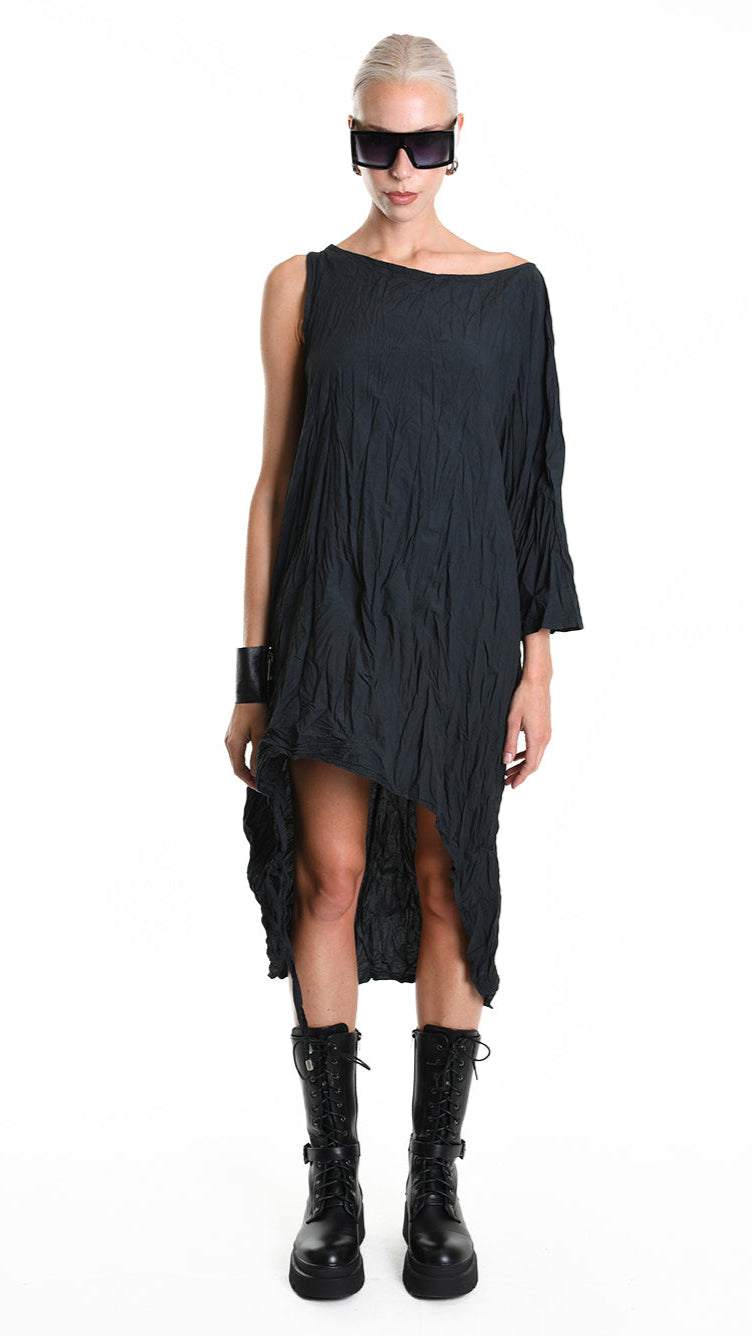 A34R W504425 DRESS Asymmetric Cotton Organic Crumpled Black