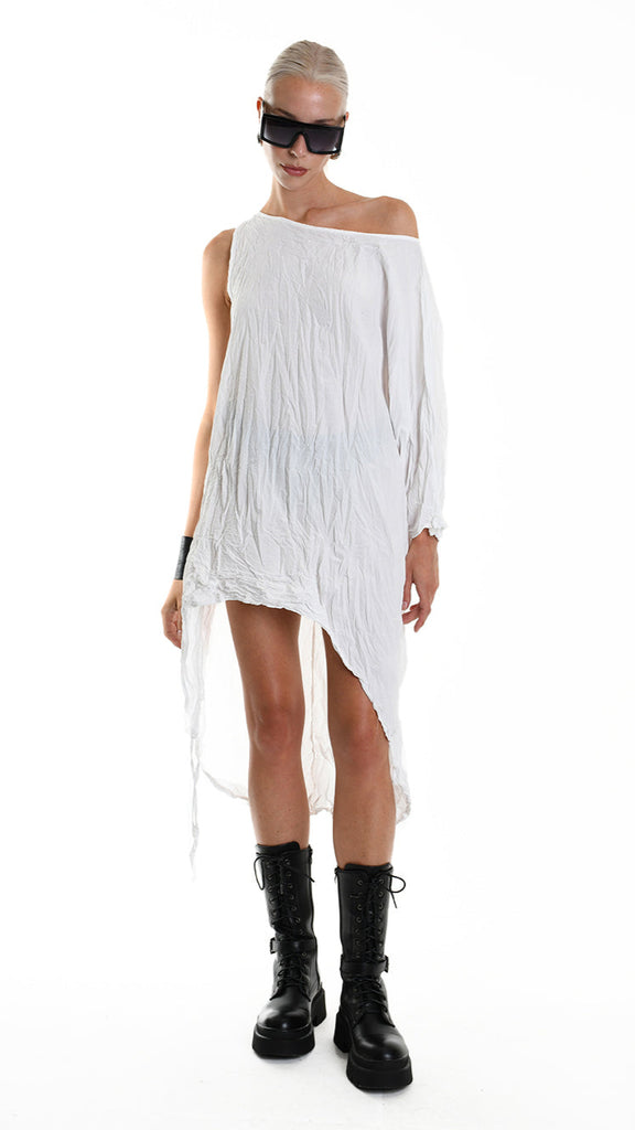 A34R W504425 DRESS Asymmetric Cotton Organic Crumpled White.