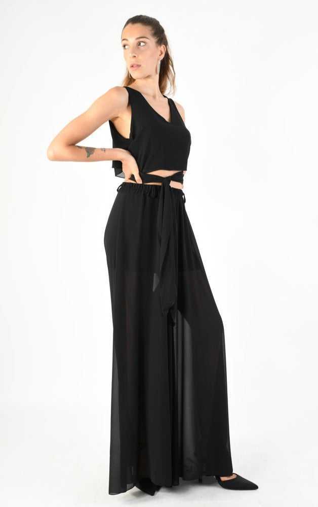 A34V LW73824 TOP Crop Asymmetric Georgette Doubled Black.