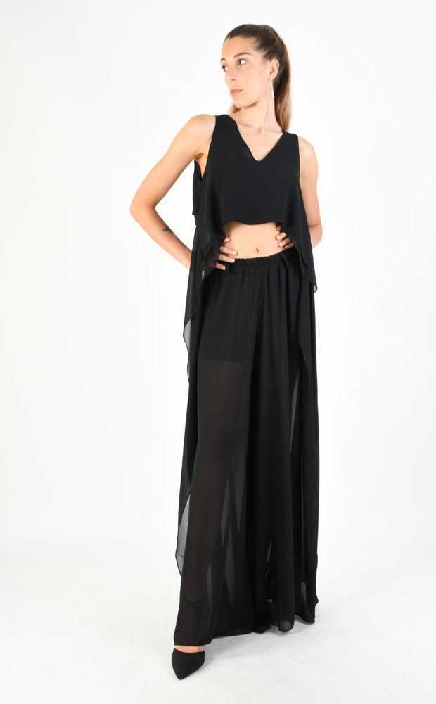 A34V LW73824 TOP Crop Asymmetric Georgette Doubled Black.