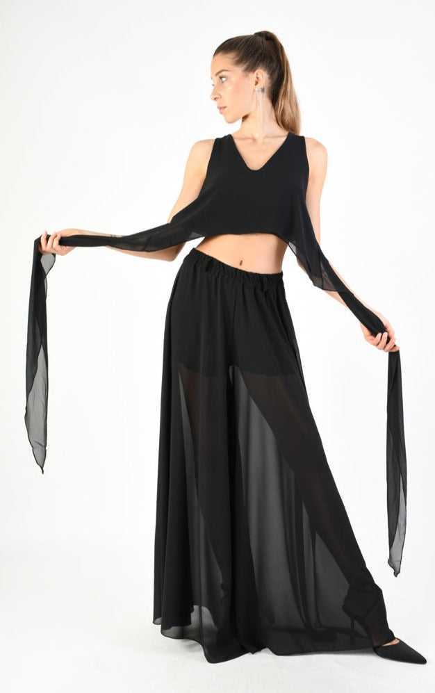 A34V LW73824 TOP Crop Asymmetric Georgette Doubled Black.