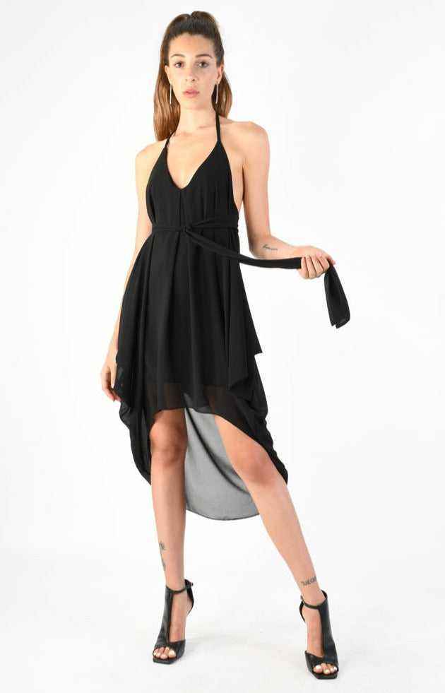 A34V LW74124 Dress Asymmetric Doubled Georgette Black
