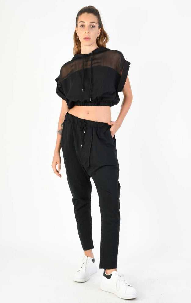 A34V LW74324 Tunic Crop Sleeveless Fleece Stretch Dyed Black