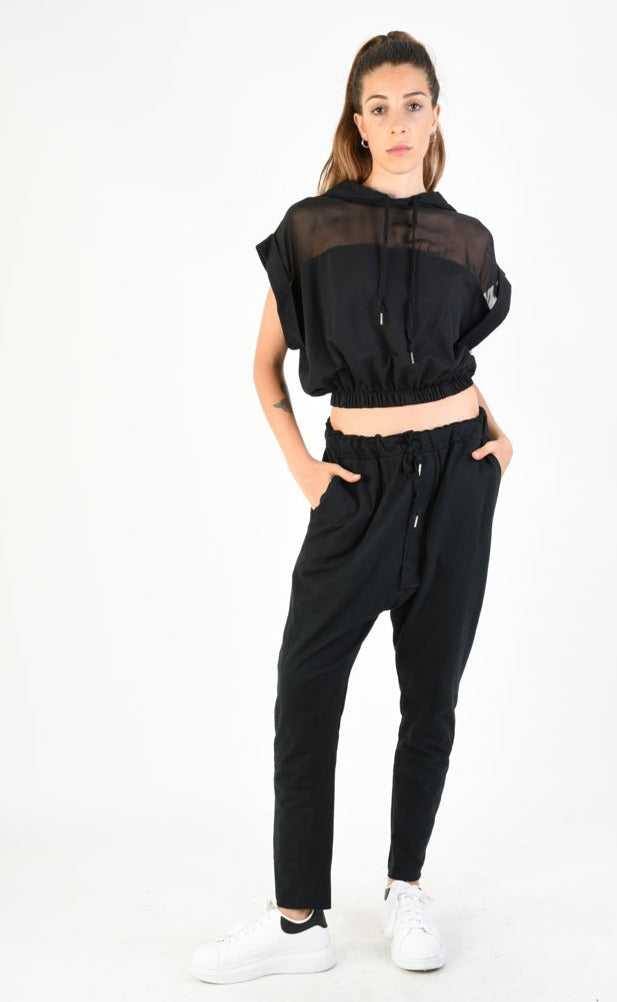 A34V LW74324 Tunic Crop Sleeveless Fleece Stretch Dyed Black