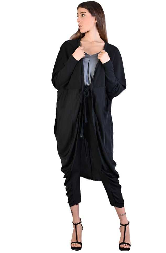 A39B SM168 BLACK Asymmetric Fleece Cardigan.