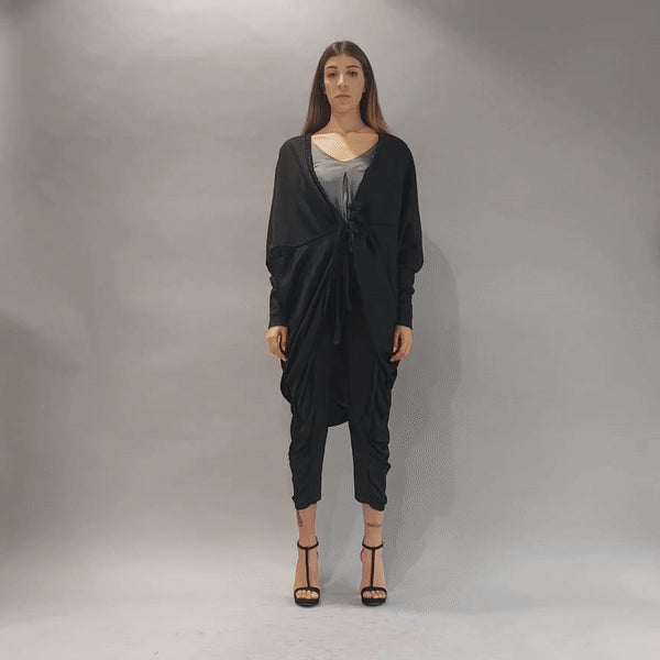 A39B SM168 BLACK Asymmetric Fleece Cardigan.