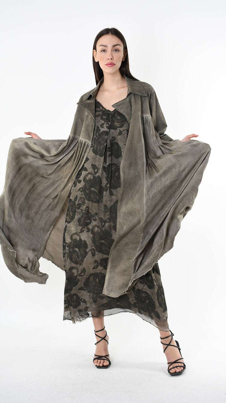 A39B SM45825 TRENCH Gabardine & Viscose Satin Gray Storm - Green - Black