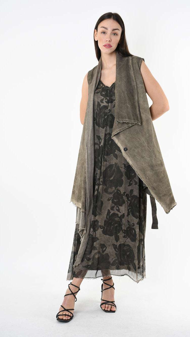 A39B SM46425 Asymmetrical Cotton & Viscose Gabardine GILET Green Tuscany - Grey