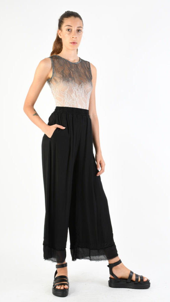 A39B SM33925 Palazzo PANTS in Black Marbled Dyed Viscose Tencel