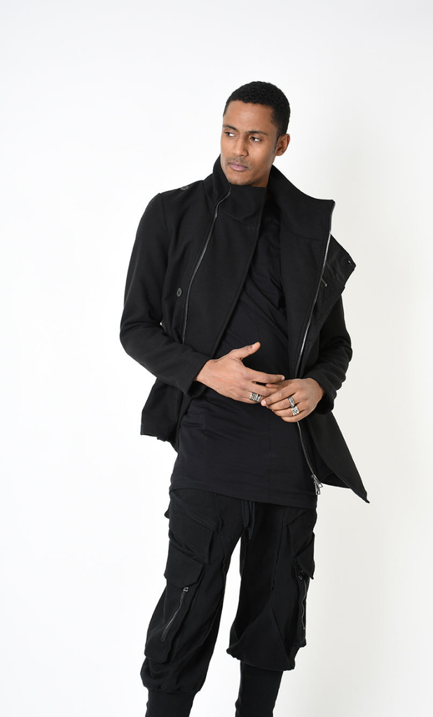 A33B LM18525 COAT with nylon insert and asymmetrical design in black.