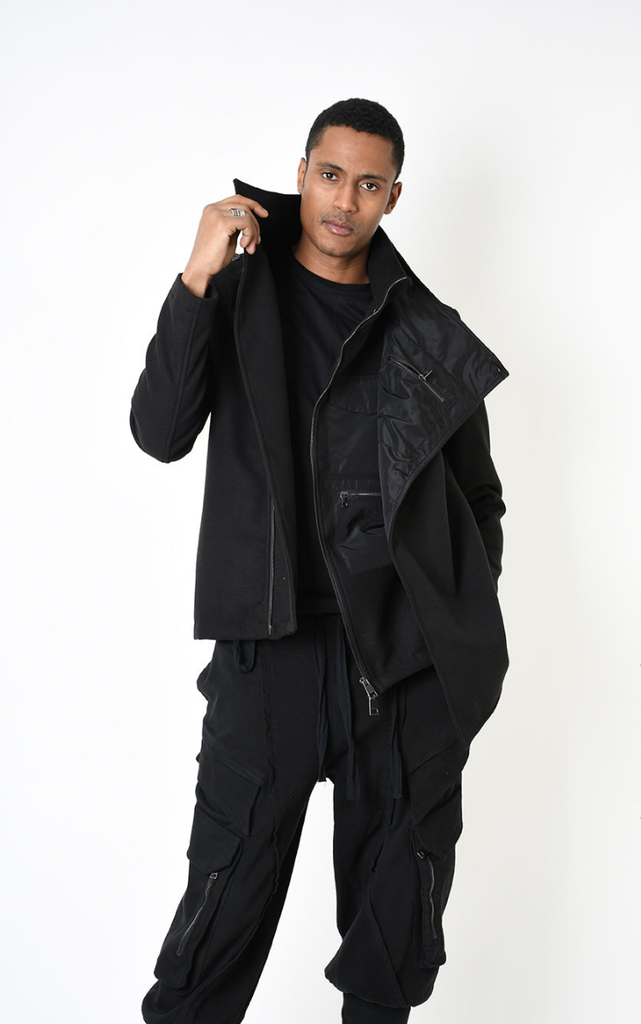 A33B LM18525 COAT with asymmetrical design and nylon insert in black.