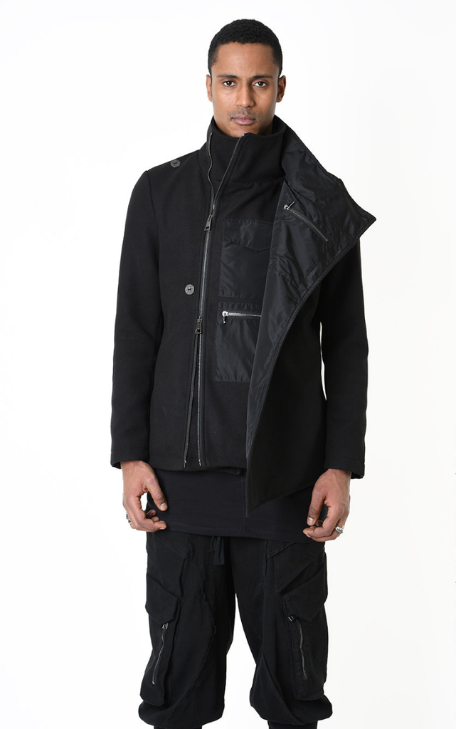 A33B LM18525 COAT in black with nylon insert and asymmetrical design.