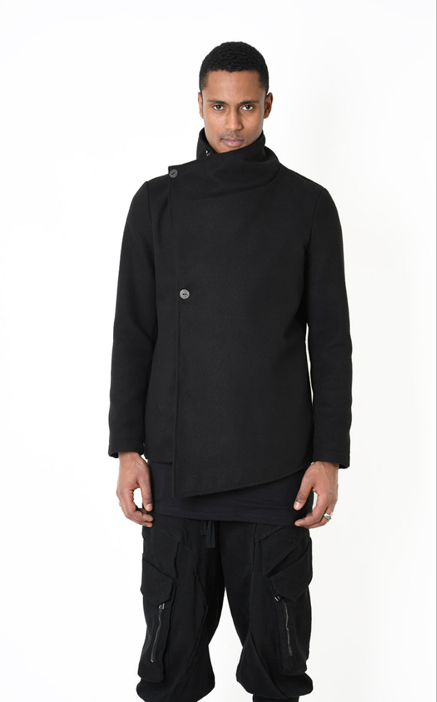 A33B LM18525 COAT with asymmetrical design and nylon insert in black.