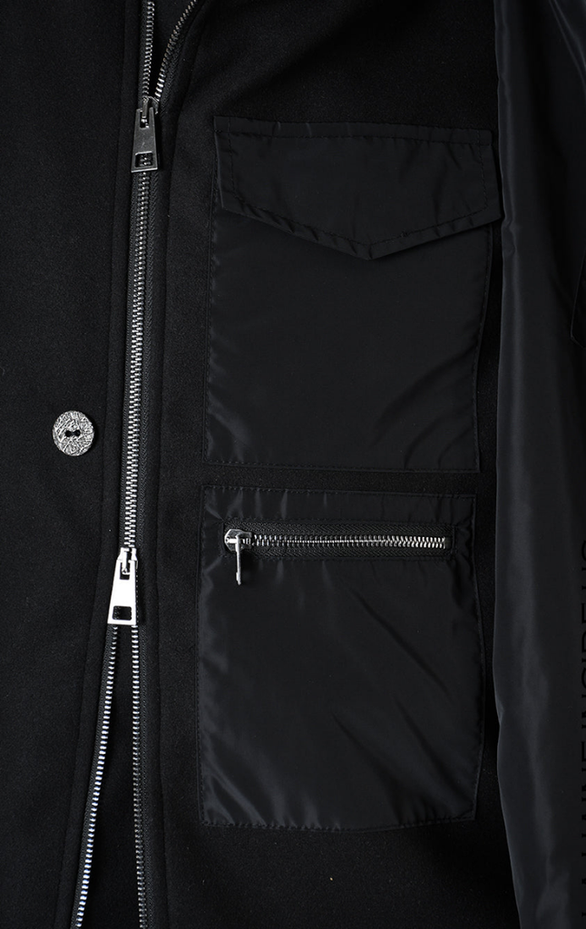 A33B LM18525 COAT with nylon insert and asymmetrical design in black.