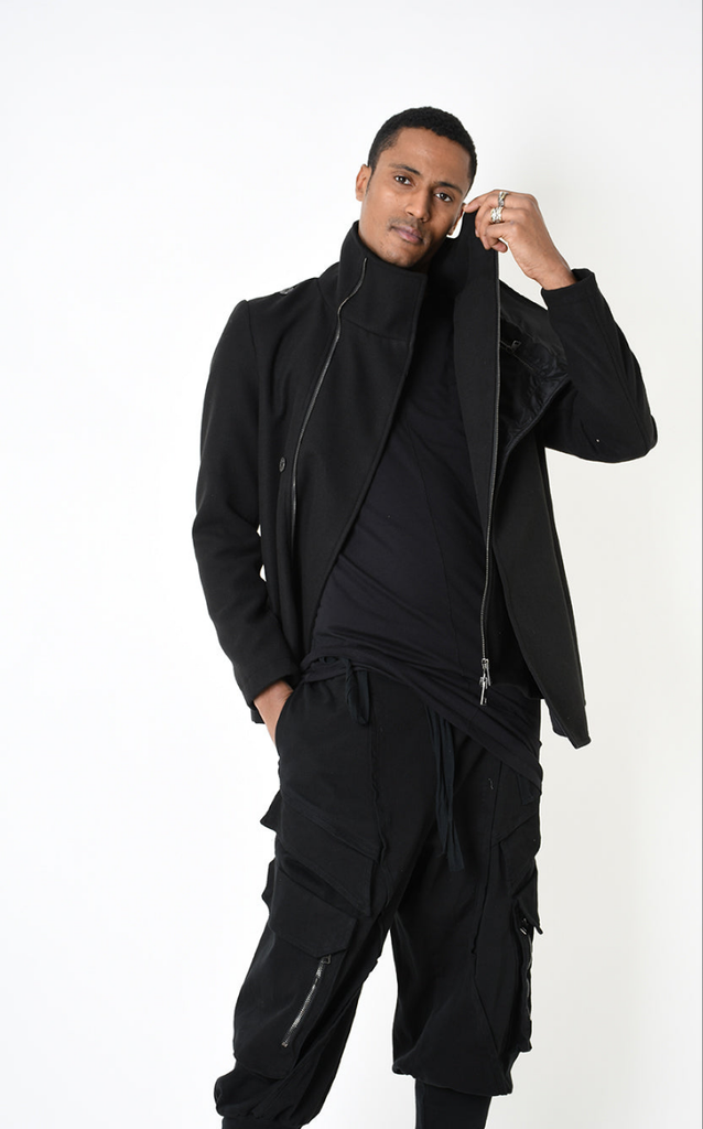 A33B LM18525 COAT with asymmetrical design and nylon insert in black.