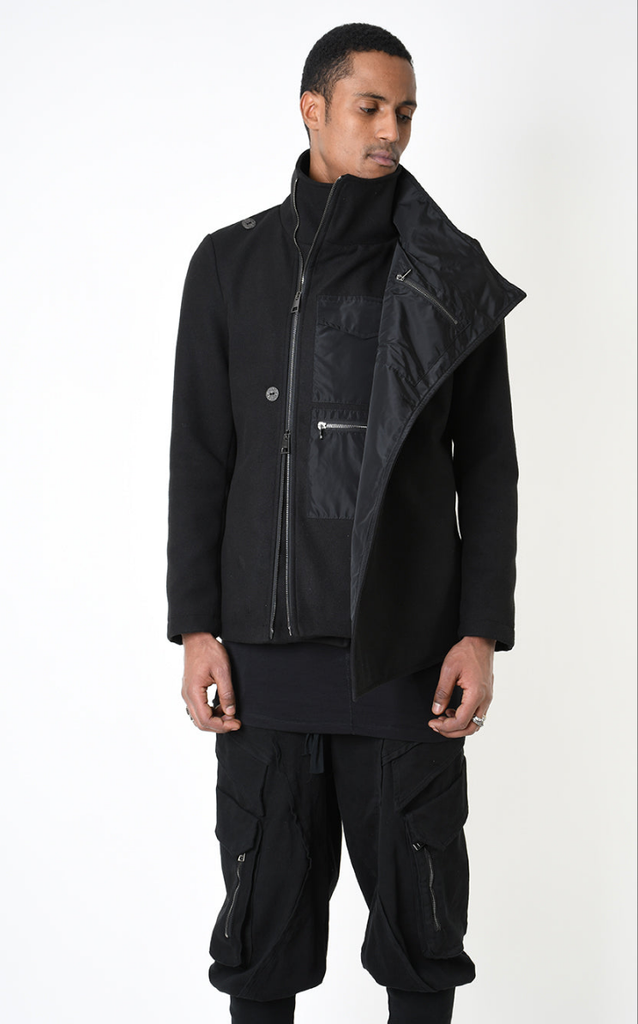 A33B LM18525 COAT with nylon insert and asymmetrical design in black.