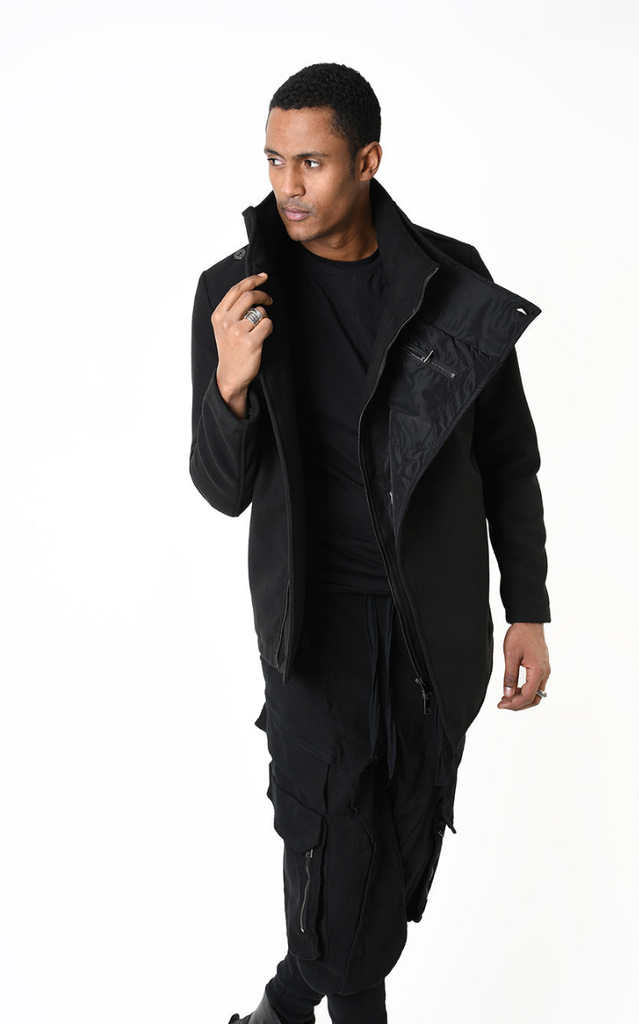 A33B LM18525 COAT with asymmetrical design and nylon insert in black.