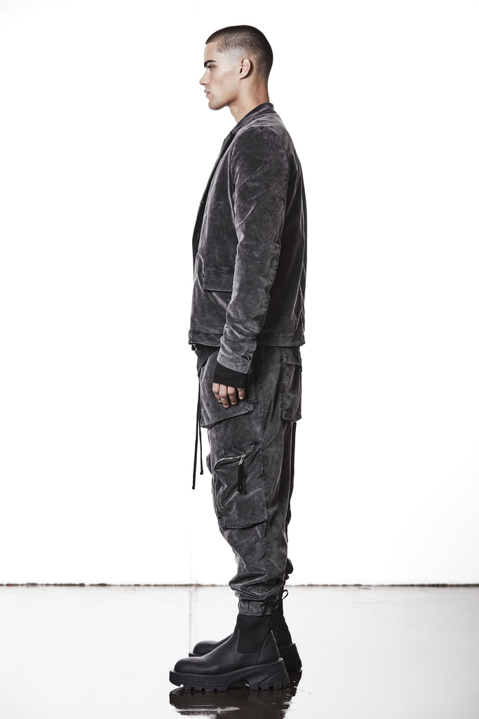 M B 58 used grey – Men’s blazer in washed grey cotton with shawl collar, two-button closure, and flap pockets. THOM KROM