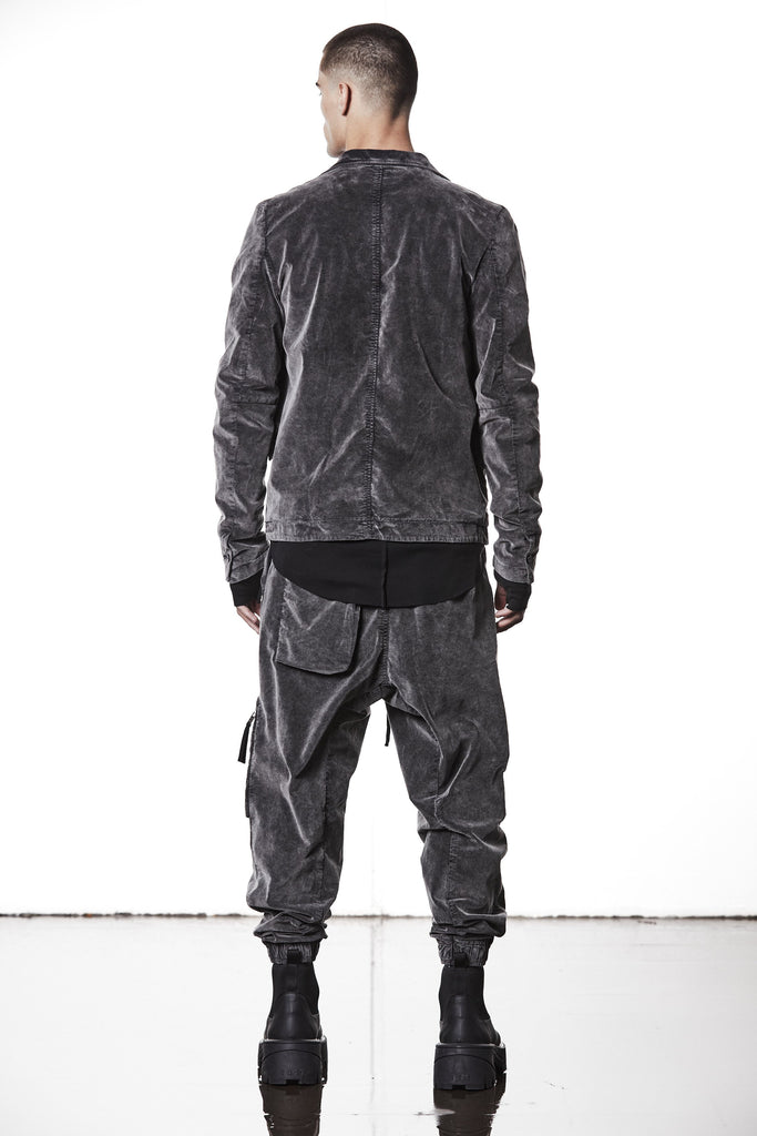 M B 58 used grey – Men’s blazer in washed grey cotton with shawl collar, two-button closure, and flap pockets. THOM KROM