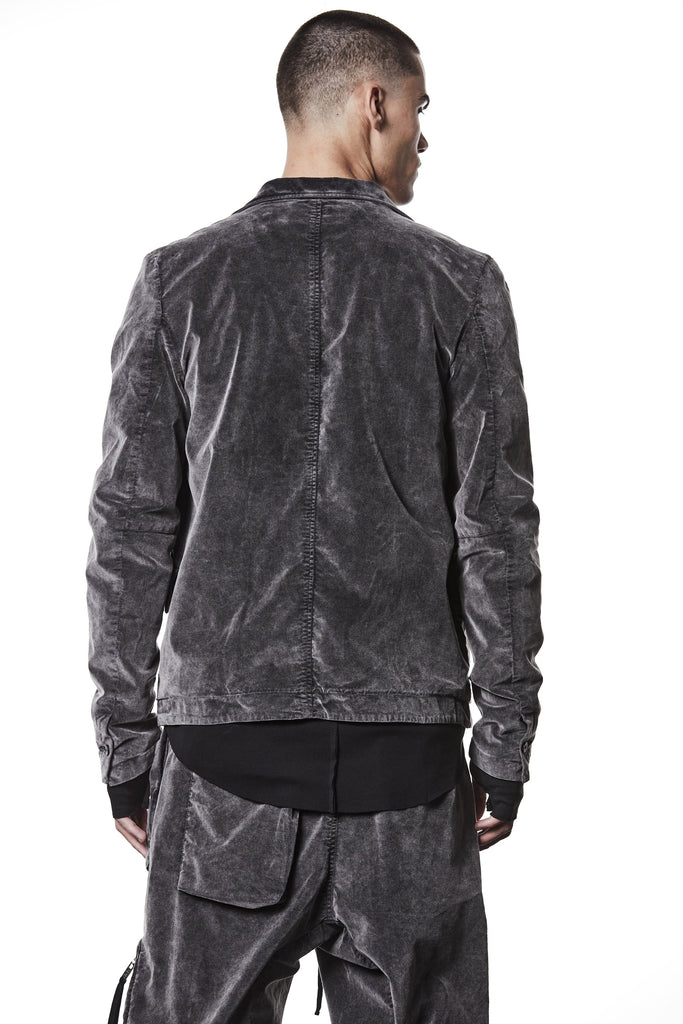 M B 58 used grey – Men’s blazer in washed grey cotton with shawl collar, two-button closure, and flap pockets. THOM KROM