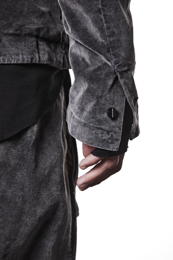 M B 58 used grey – Men’s blazer in washed grey cotton with shawl collar, two-button closure, and flap pockets. THOM KROM