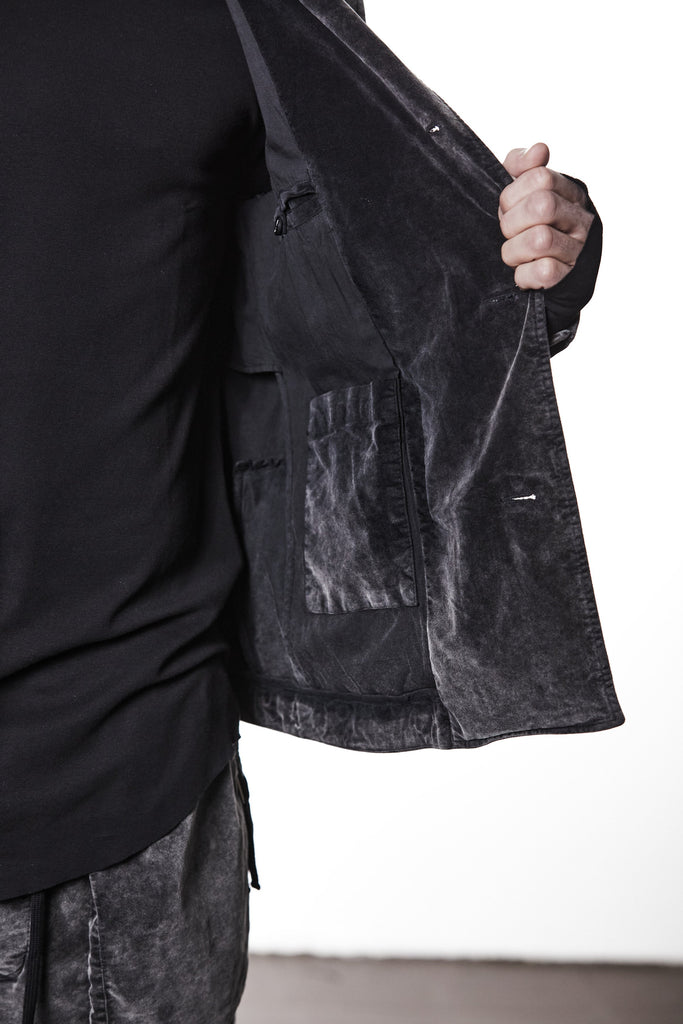 M B 58 used grey – Men’s blazer in washed grey cotton with shawl collar, two-button closure, and flap pockets. THOM KROM