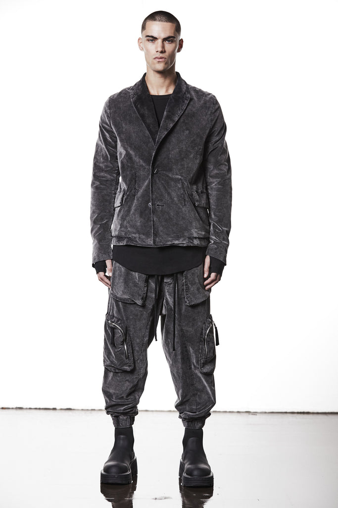 M B 58 used grey – Men’s blazer in washed grey cotton with shawl collar, two-button closure, and flap pockets. THOM KROM