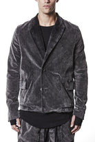 M B 58 used grey – Men’s blazer in washed grey cotton with shawl collar, two-button closure, and flap pockets. THOM KROM