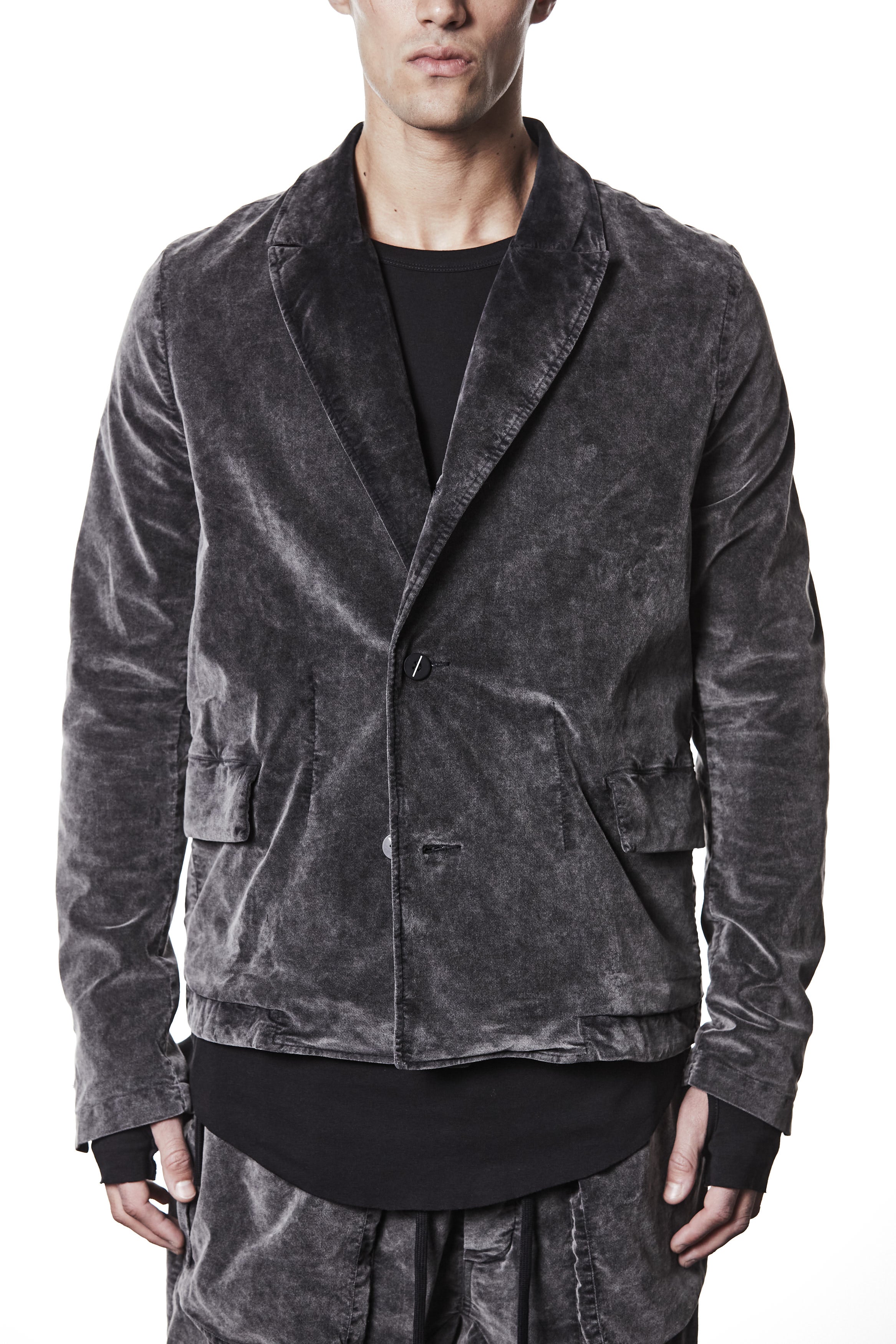 M B 58 used grey – Men’s blazer in washed grey cotton with shawl collar, two-button closure, and flap pockets. THOM KROM