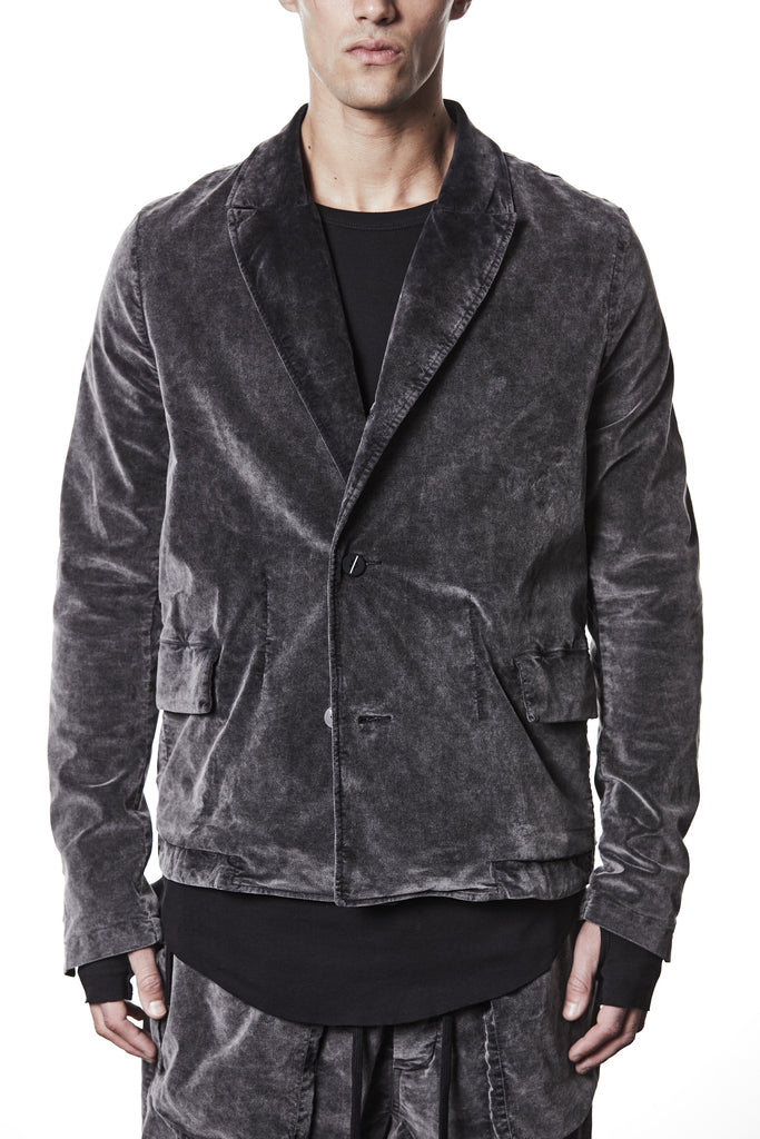 M B 58 used grey – Men’s blazer in washed grey cotton with shawl collar, two-button closure, and flap pockets. THOM KROM