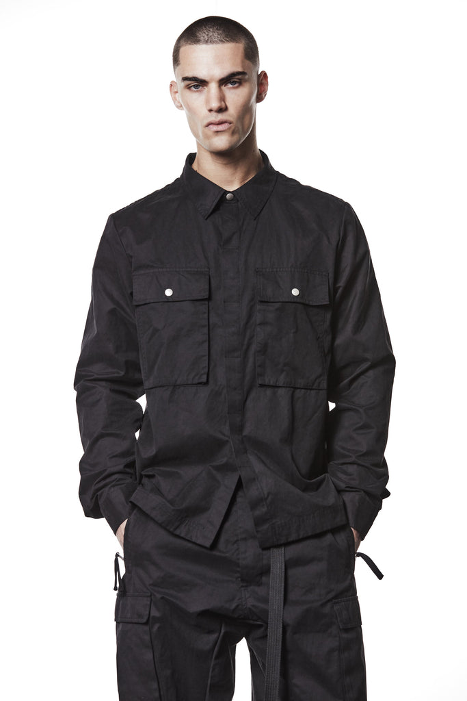 M H 175 Black Utility Shirt with Cargo Pockets – Long Sleeve Button-Up black MAN THOM KROM