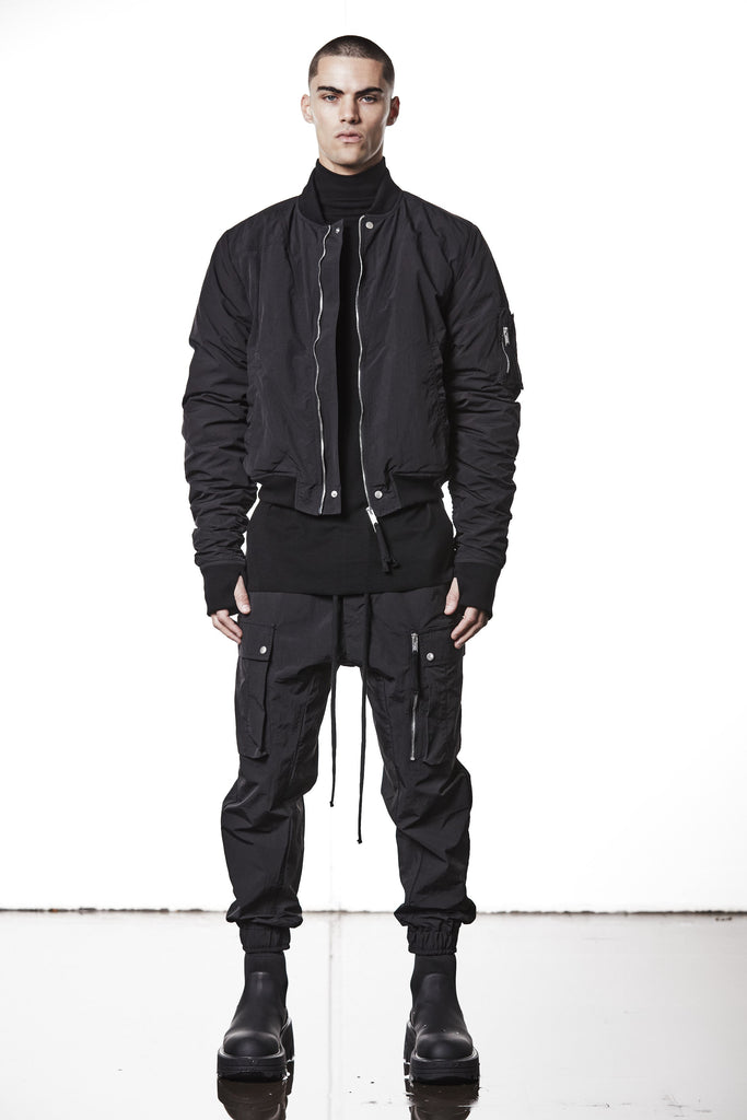 M J 75 Black Bomber Jacket – Zip-Up with Ribbed Hem and Sleeve Pocket Black Man THOM KROM